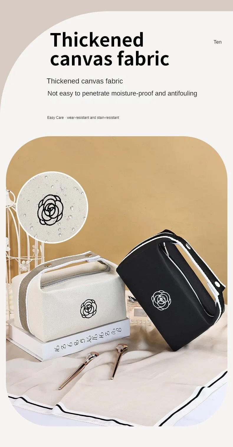Premium Handheld Portable Camellia Canvas Makeup Bag for Travel Large Capacity Toiletries Cosmetics Skincare Storage Bag