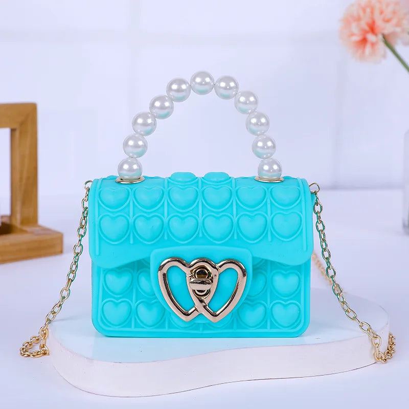 Silicone Love Bubble Jelly Bag, Popper Pressure Relieving Purse, Pop It Handbag With Faux Pearl Handle, Cute Chain Crossbody Bag