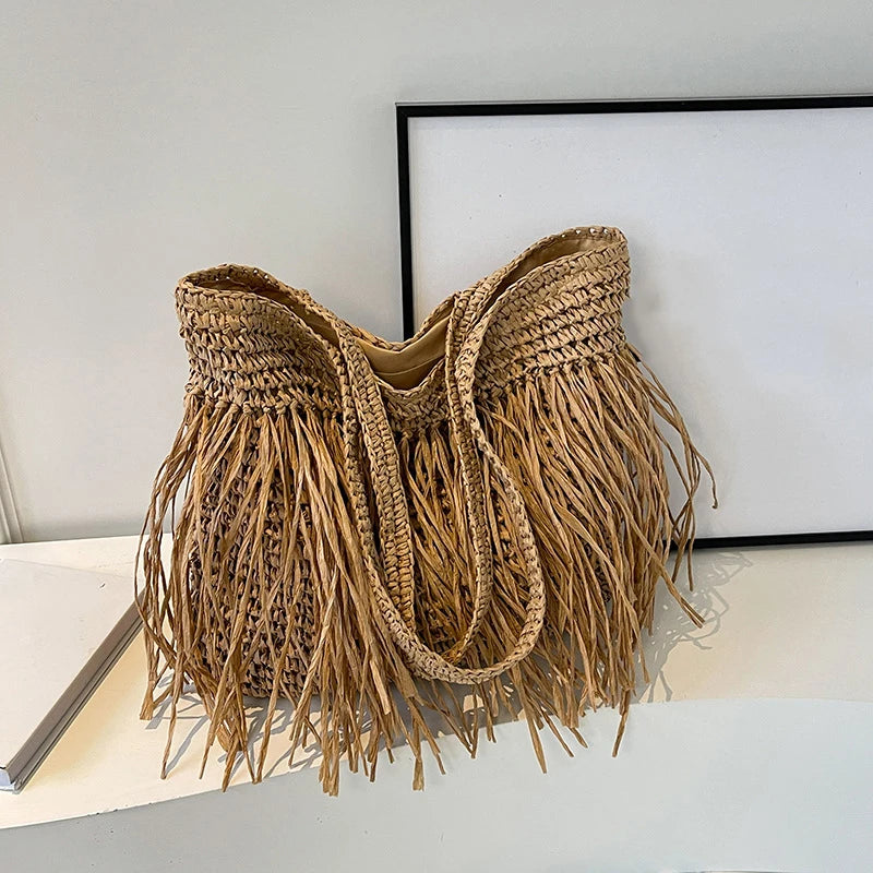 Casual Tassel Woven Women Shoulder Bags Handmade Fringe Lady Handbags Summer Beach Large Tote Bag Shopper Purse for Vacation