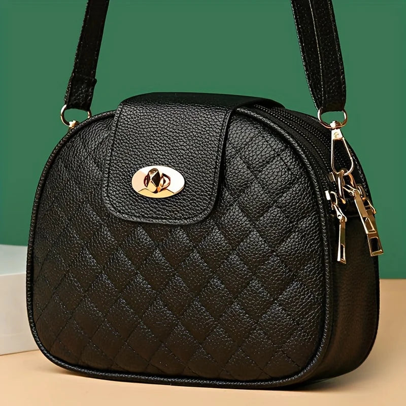 Small Quilted Crossbody Bag, Stylish PU Leather Shoulder Purse with Vintage Round Shape, Trendy Accent - Perfect for Daily Use