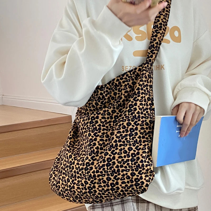 Fashion Canvas Bag Female Handbag Tote Large Capacity Underarm Bag Vintage Leopard Pattern Shoulder Shopping Bag