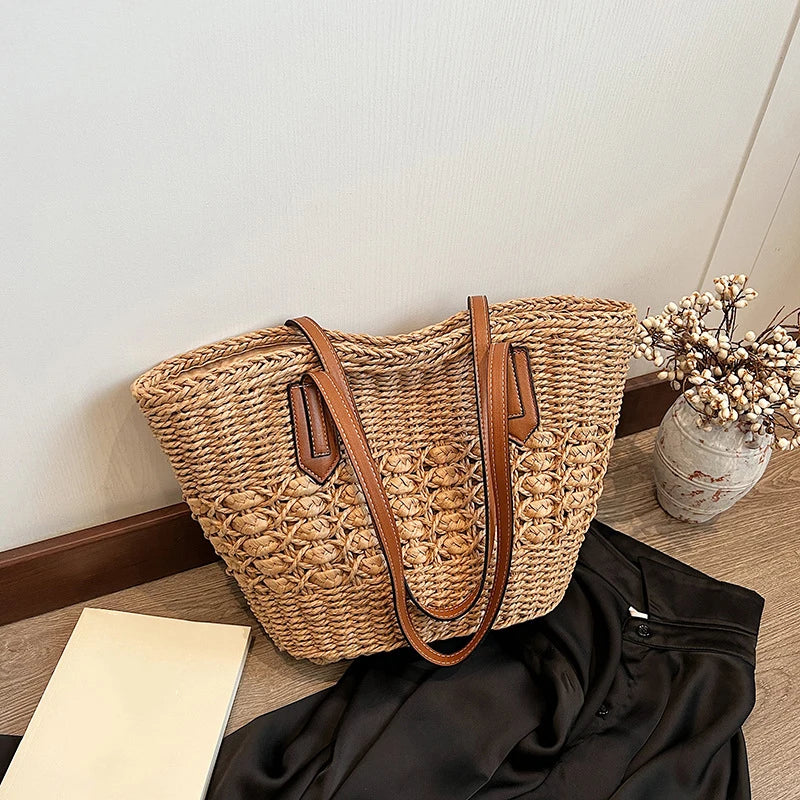 Summer Straw Bags for Women Straw Shoulder Bags Rattan Woven Top Handle Bag Hollow Raffia Crochet Beach Bag Casual Handbags