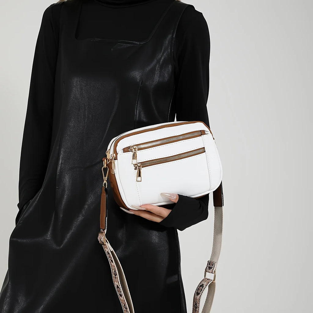 Stylish Wide Shoulder Strap Leather Crossbody Bag States Color Matching Zipper Small Square Shoulder Bag Suitable for Daily Use