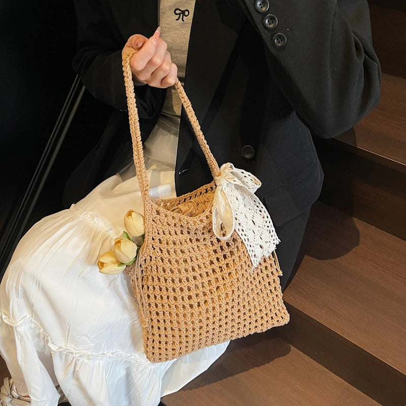Summer Hollow Woven Shoulder Bags Women's New Casual Beach Bag Versatile Lace Design Commuting Shoulder Tote Bag