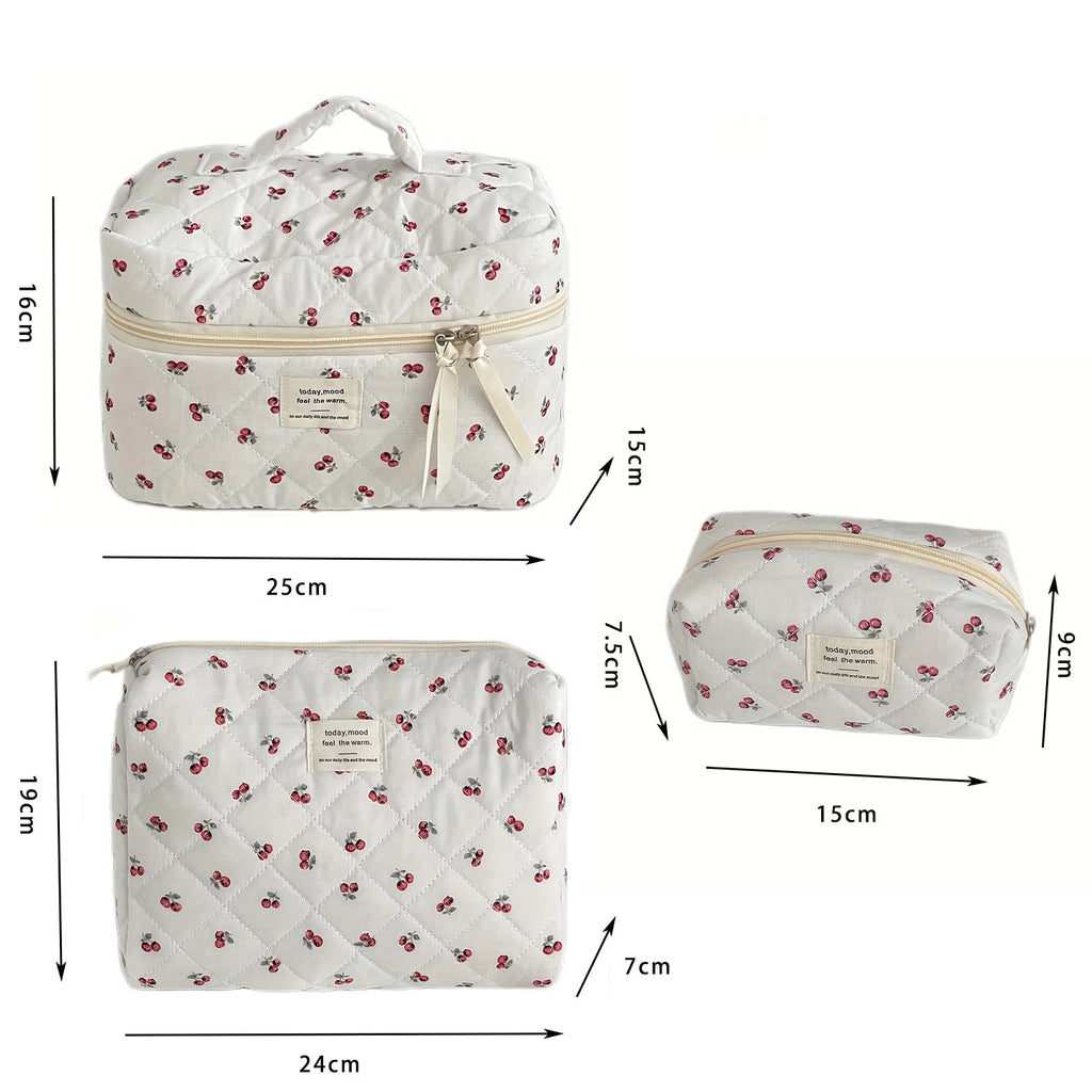 Cherry Makeup Bag Women's Cosmetic Bags Fashion Portable Cute Cosmetic Travel Storage Pouch Handbag Cotton Quilted Zipper Purse
