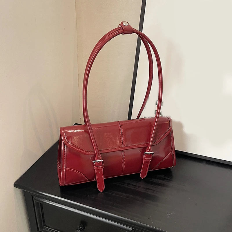 High End Burgundy Oil Wax PU Leather Underarm Bag Elegant Women's Magnetic Buckle Shoulder Bag Commuter Versatile Ladies Tote Ba