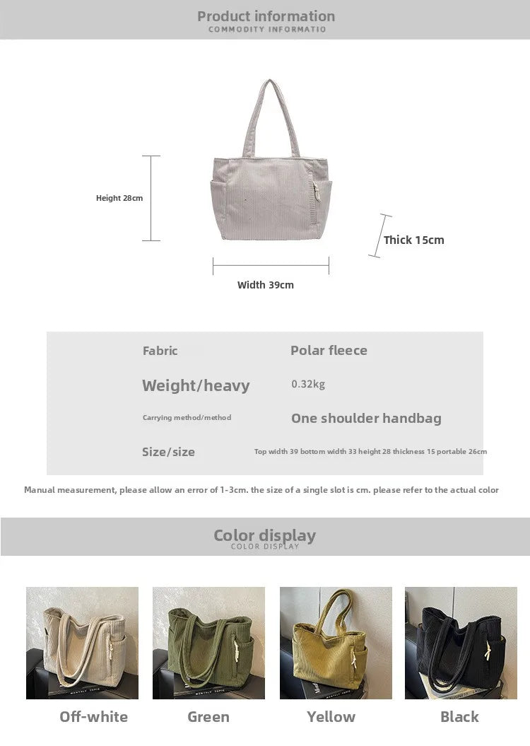 Autumn Winter Corduroy Tote Bag Korean Version Simple Handbag Women Large Capacity Versatile Casual Student Shoulder Bag Ita Bag
