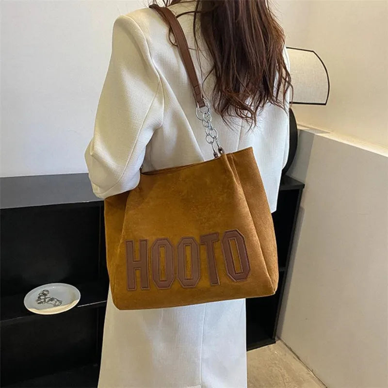Stylish Tote Bag, Nubuck Pu Letter HOOTO Design for Women Handbag Shoulder Bag, Large Capacity Nylon leisure Travel Shopping Bag