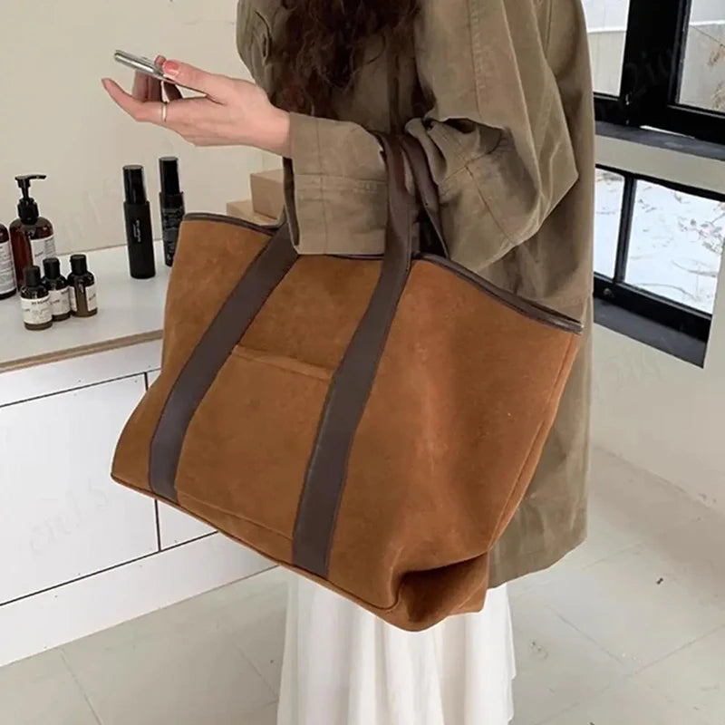 Vintage Suede Large Capacity Handbag Simple All-match Fashion Tote Bags Design Casual Top Handle Shoulder Bag For Women