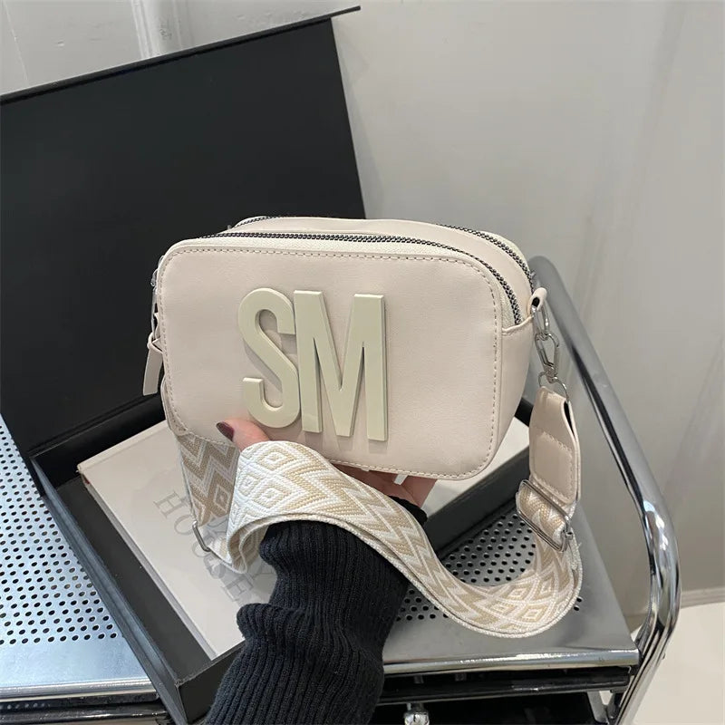 Stylish Versatile Women Single Shoulder Bag, SM Letter Pu Leather Small Square Bag, Leisure Wide Shoulder Strap Cross Body Bags