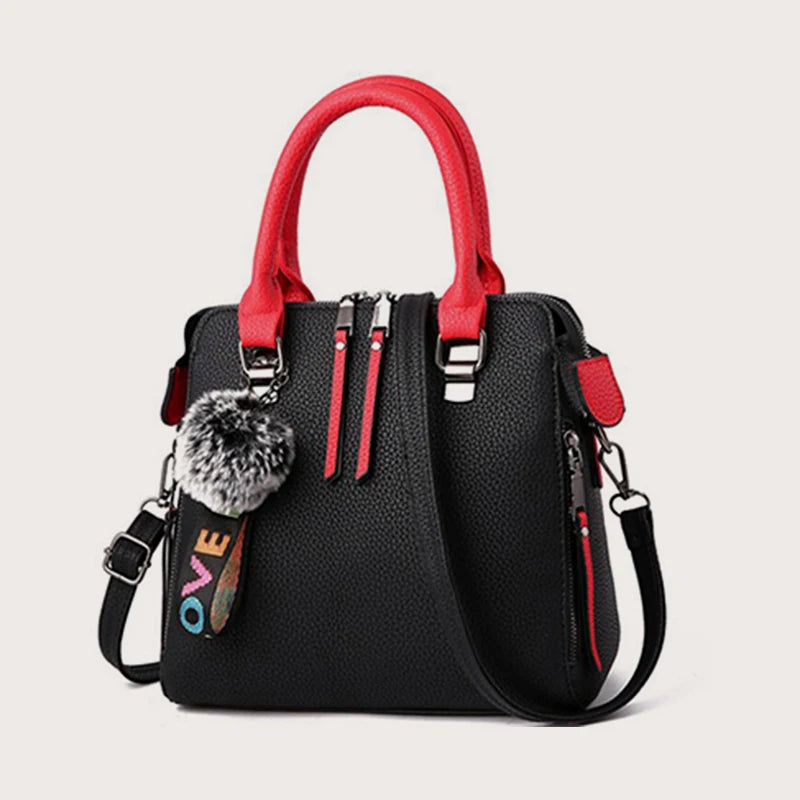PU Leather Women's Crossbody Bag, Fur Ball Pendant Shoulder Bag, Solid Color Handbag