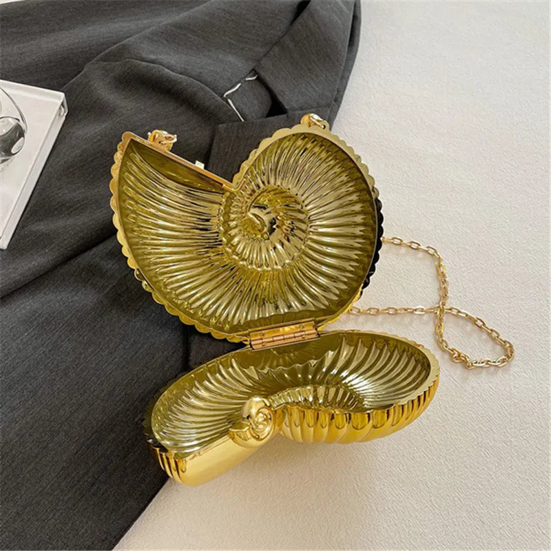 Golden Conch Shaped Shoulder Bag, Detachable Shoulder Strap, Lipstick Pouch, Elegant Shoulder Bag, Suitable For Evening Outings
