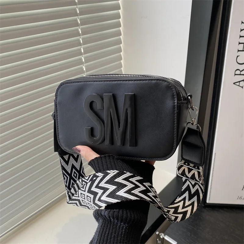Stylish Versatile Women Single Shoulder Bag, SM Letter Pu Leather Small Square Bag, Leisure Wide Shoulder Strap Cross Body Bags