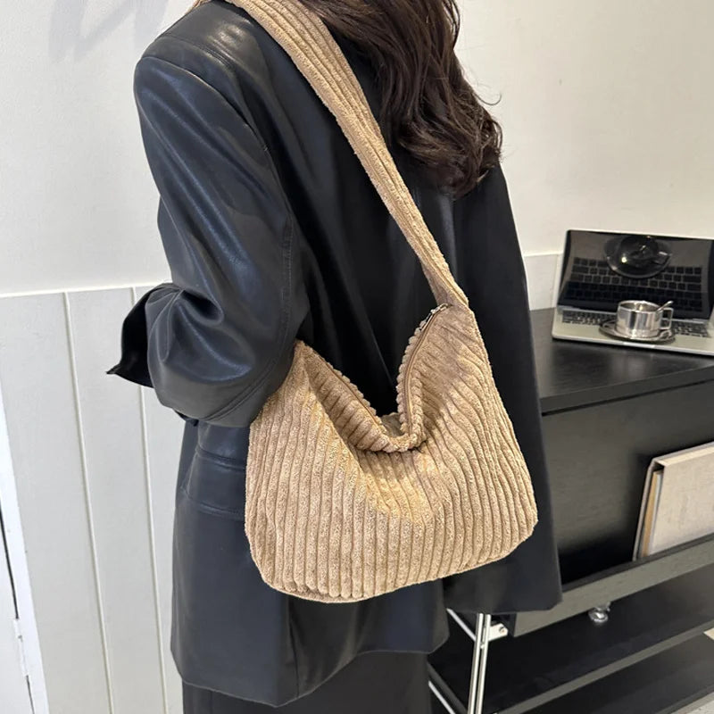 Winter Tote Bag for Women Large Capacity Handbags Casual Shoulder Bags Trend Female Corduroy Shopper Crossbody Bag