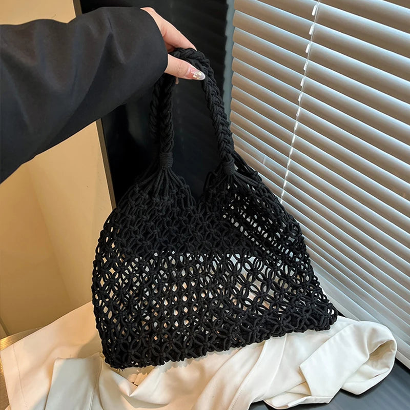 Hand-Woven Bag Women Handmade Hollow Handbag Female Shoulder Bag Big Capacity Summer Casual Travel Beach Tote Purse