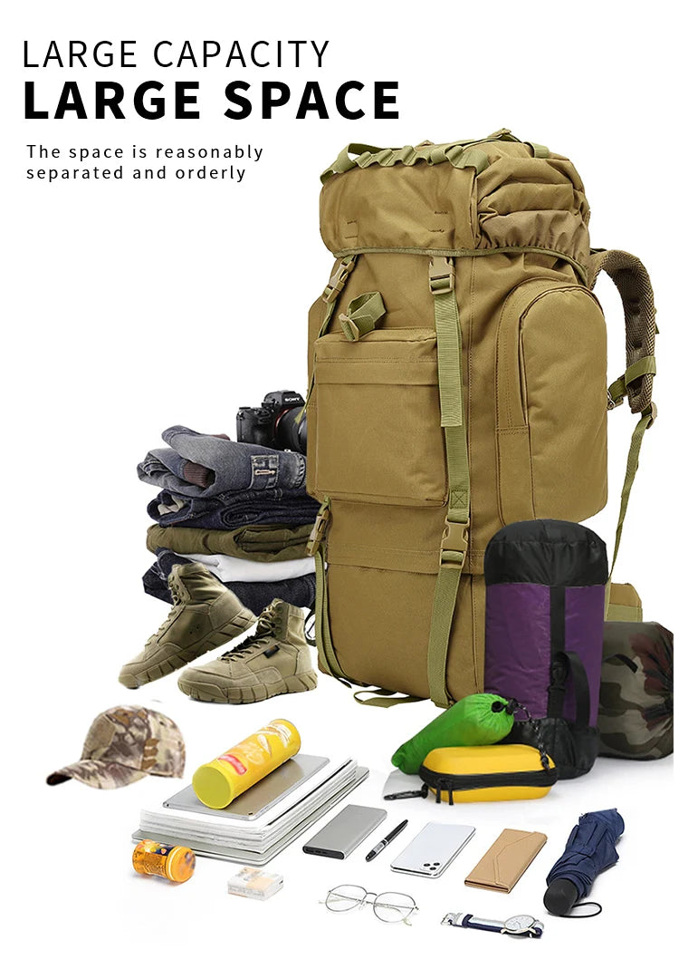 65L Large Capacity Waterproof Outdoor Hking Backpack Tactical Hunting Camping Rucksack Rain Cover Mountaineering Climbing Bags