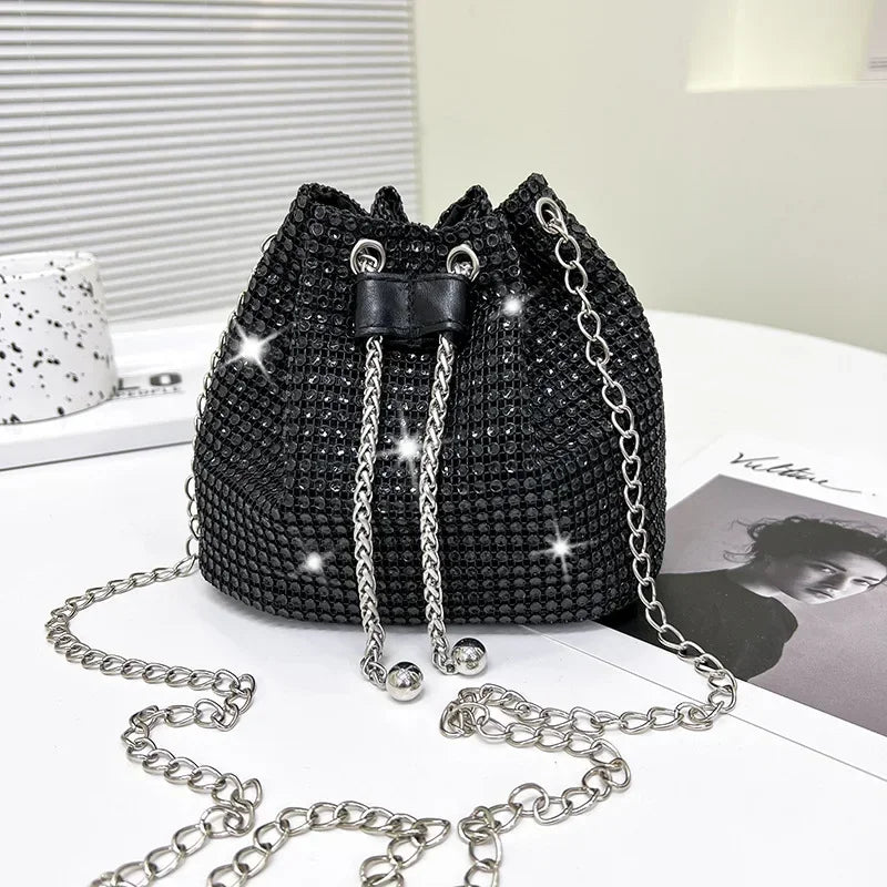 Charming Rhinestone Dinner Bag Sparkling Drawstring Chain Bucket Shoulder Crossbody Bags for Women Daily Christmas Party Banquet