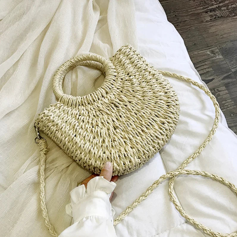 Straw Bag Women Hand-Woven Handbag Moon Shape Lace Bow Rattan Bag Big Capacity Drawstring Casual Beach Shoulder Crossbody Bag