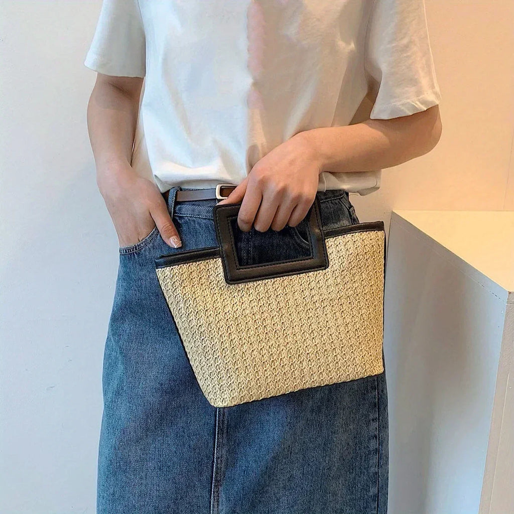 Retro Woven Bag, Summer Solid Tote Bag, Contrast Binding Straw Handbag for Women Business/Work/Office/Festivals/Vacation/Holiday