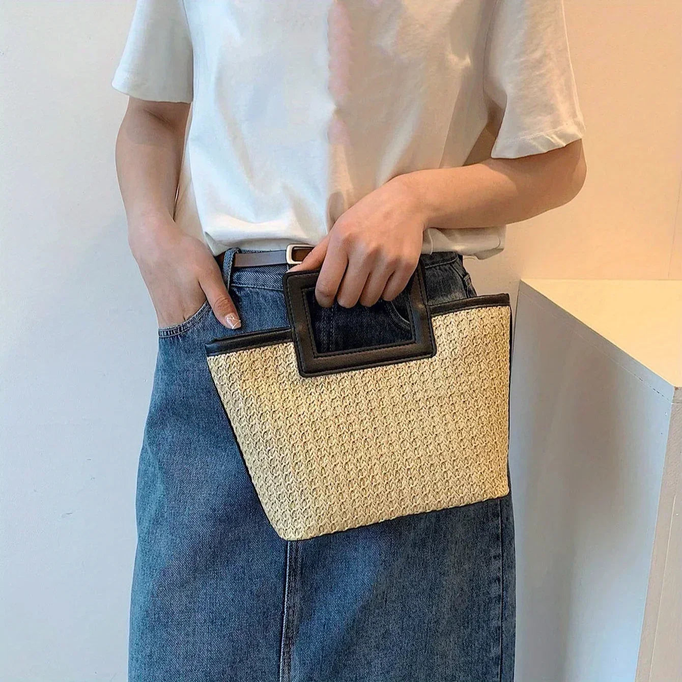 Retro Woven Bag, Summer Solid Tote Bag, Contrast Binding Straw Handbag for Women Business/Work/Office/Festivals/Vacation/Holiday