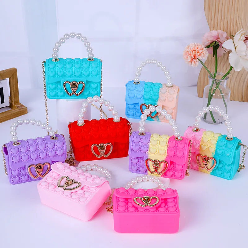 Silicone Love Bubble Jelly Bag, Popper Pressure Relieving Purse, Pop It Handbag With Faux Pearl Handle, Cute Chain Crossbody Bag