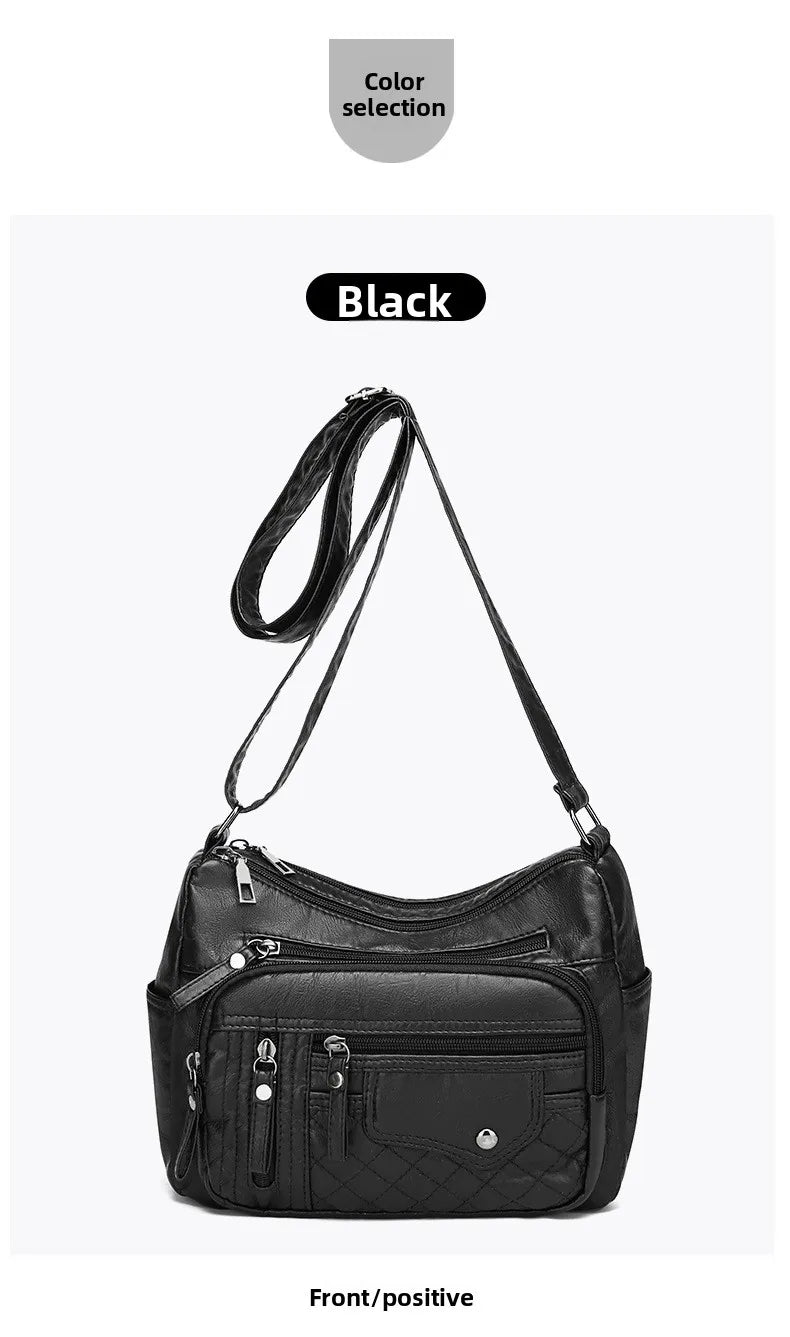 Fashionable Four Seasons Soft Leather Multi Pocket Cross Bags, Multi Layer Zipper Pouch Single Shoulder Bag for Women Daily Use