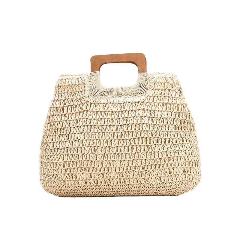 Summer Woven Straw Handbag Female Wooden Handle Bag Large Capacity Travel Beach Bag Fashion Style Totes Hollow out Tote Bolsa