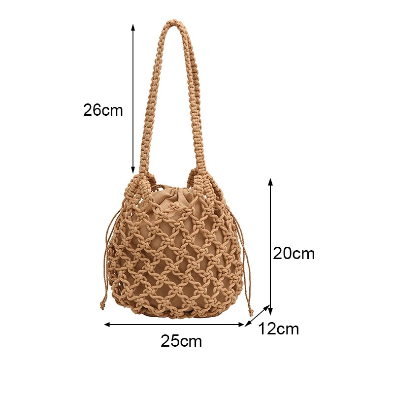 Ladies Summer Bucket Shoulder Bag Phone Purse Handmade Hollow Out Cotton Rope Crochet Bag Small Handbag For Women