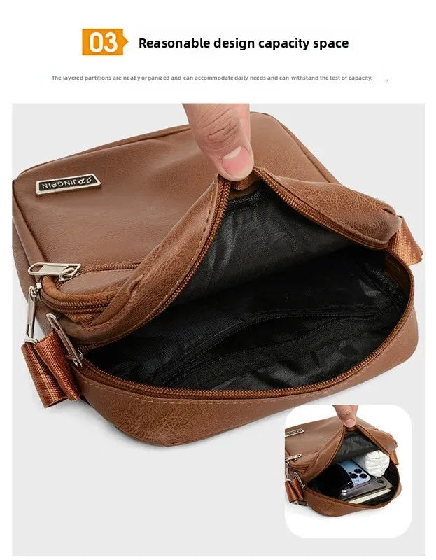 Men's Bag, PU Leather Single Shoulder Bag Multi Layer Zipper Large Capacity Crossbody Bag Daily Use Work Travel Business Commute