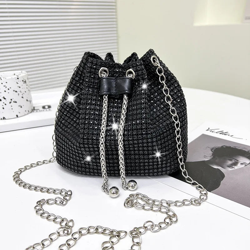 Charming Rhinestone Dinner Bag Sparkling Drawstring Chain Bucket Shoulder Crossbody Bags for Women Daily Christmas Party Banquet