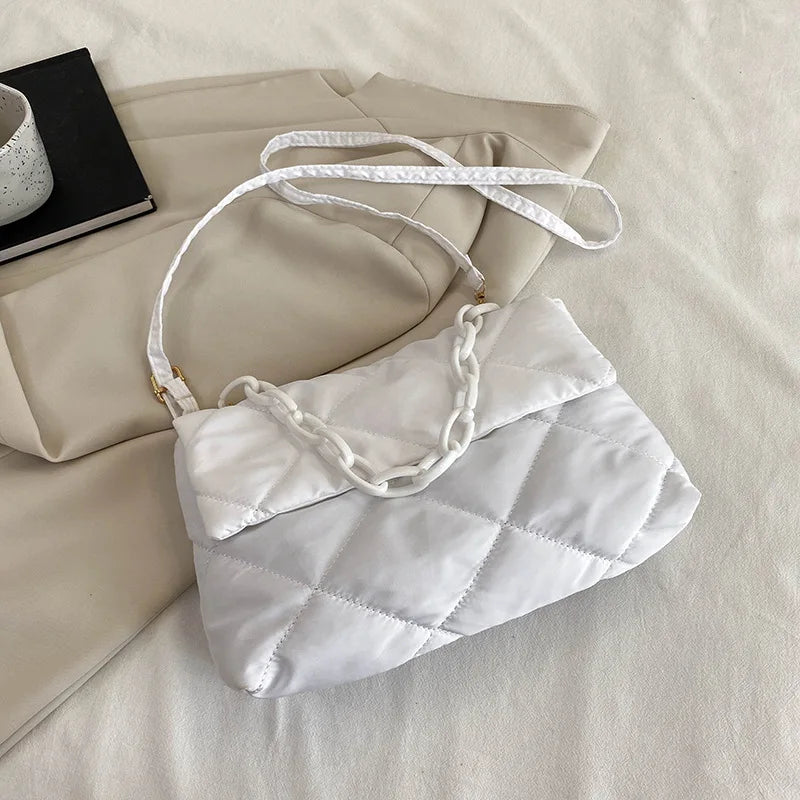 Fashion Chain Crossbody Bags Women Winter Cotton Padded Quilted Shoulder Bags Casual Large Capacity Simple Female Handbags