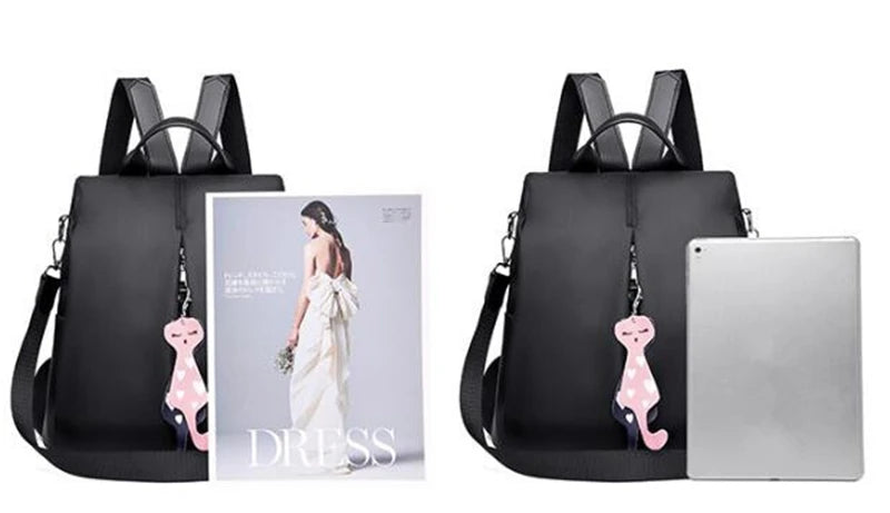 Solid Color Large Daypack for Female, Bagpack with Cat Pendant ,Women Simple Travel Shoulder Bags ,Multi-use Nylon Backpack