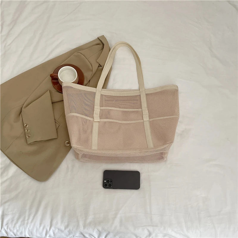 Portable Mesh Beach Bag For Women Makeup Travel Storage Wash Bag Summer Travel Swimming Bath Bag Organizer Shopper Totes