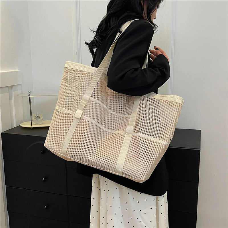 Portable Mesh Beach Bag For Women Makeup Travel Storage Wash Bag Summer Travel Swimming Bath Bag Organizer Shopper Totes