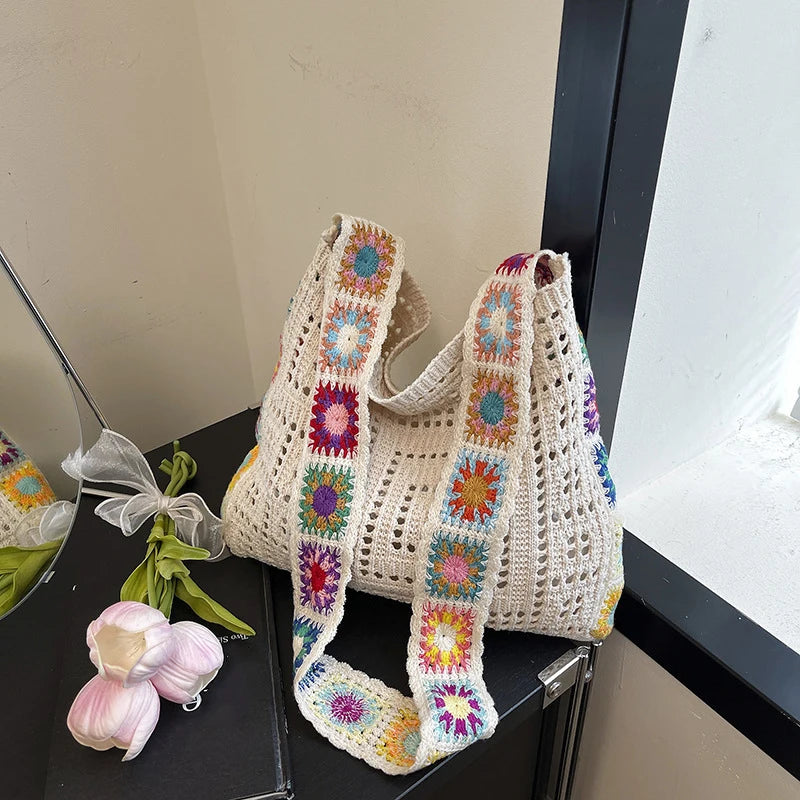 Large Capacity Fashion Boho Tote Bag Trendy Floral Crochet Handmade Knitted Bag Vintage Multicolor Hollow Out Handbag