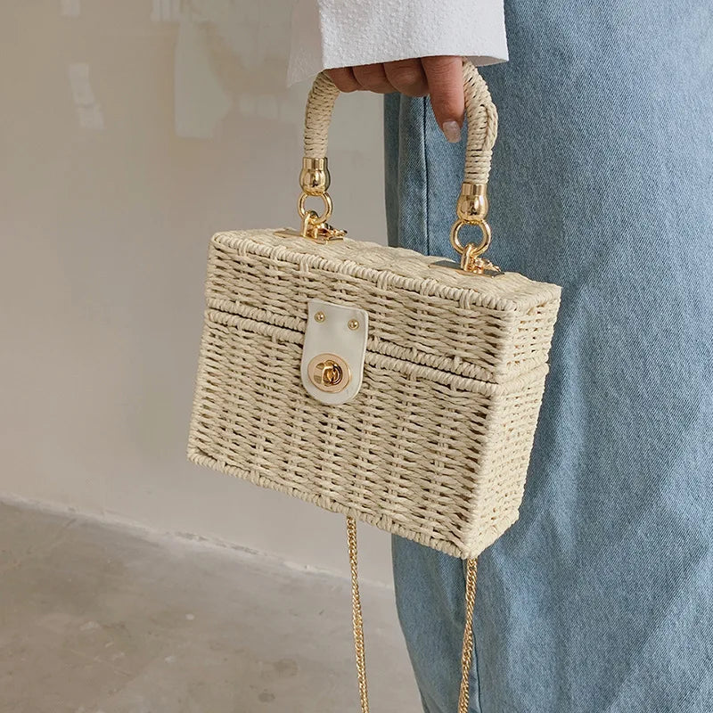 Summer Box Small Purse and Handbags For Women Rattan Straw Woven Crossbody Shoulder Bags Female Fashion Chain Travel Beach Bags