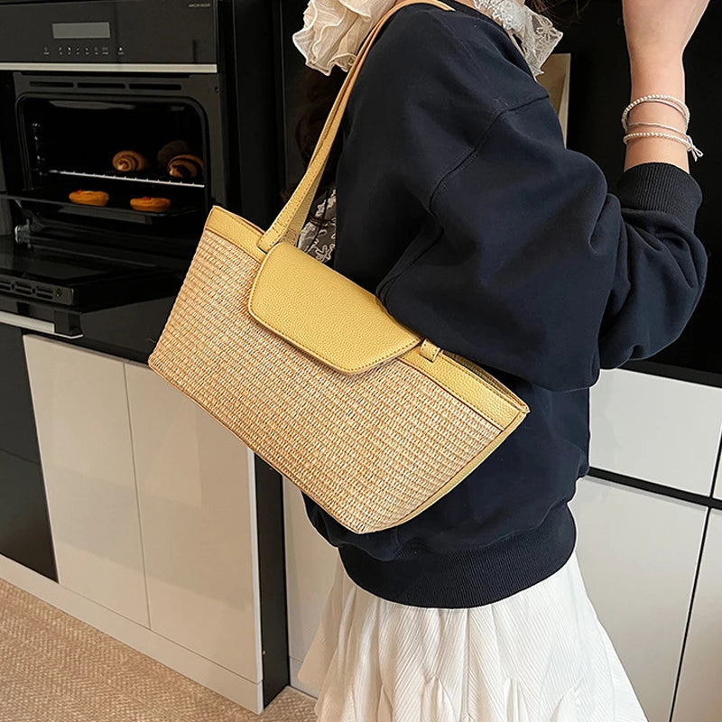 Fashion Women Shoulder Bag PU Woven Patchwork Stick Bag Large Capacity Tote Bag New Casual Woven Contrasting Color Handbag