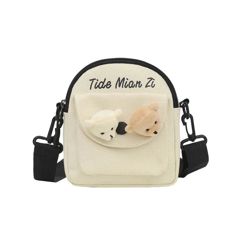Cartoon Mini Canvas Bag Cute Small Crossbody Bags for Woman Phone Tissue Coin Purse Pocket, Student Shoulder Bag with Pin Bear