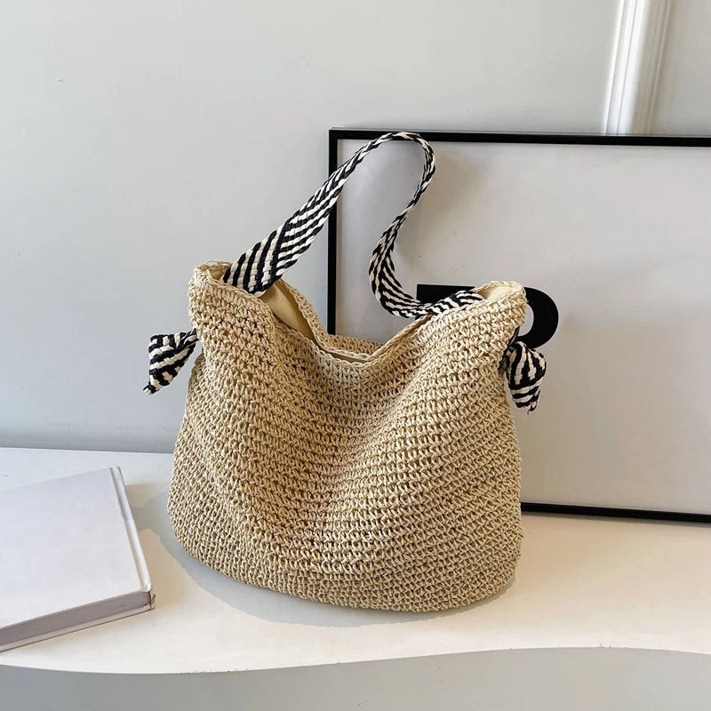 Big Capacity Straw Beach Bag Vintage Handmade Woven Shoulder Bag Raffia Rattan Handbag Bohemian Summer Vacation Crossbody Bags
