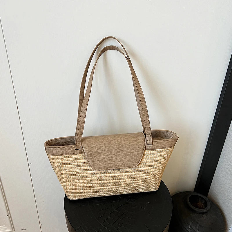 Fashion Women Shoulder Bag PU Woven Patchwork Stick Bag Large Capacity Tote Bag New Casual Woven Contrasting Color Handbag
