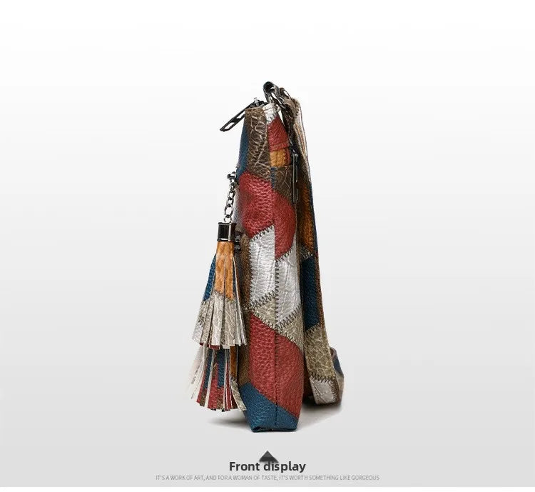 Retro PU Soft Leather Multi Pocket Handbag Shoulder Bag with Color Blocking Plaid Tassel Cross Bags, Mobile Phone Messenger Bag