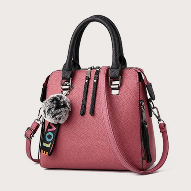 PU Leather Women's Crossbody Bag, Fur Ball Pendant Shoulder Bag, Solid Color Handbag