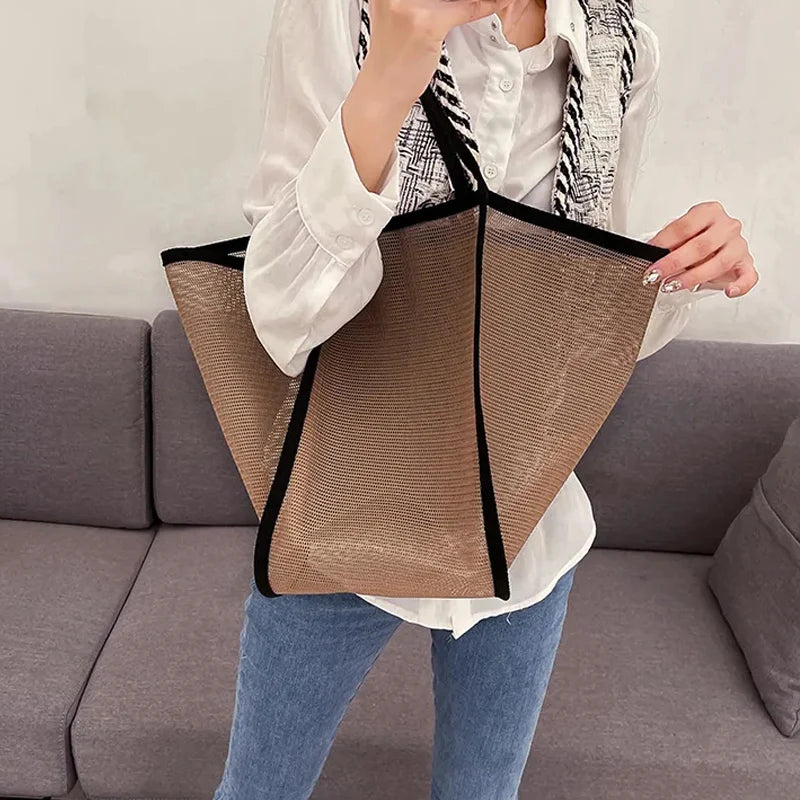 Fashion Large Capacity Handbag Mesh Hollow Out Design Beach Travel Package For Women Single Shoulder Bag Female Shopper Totes