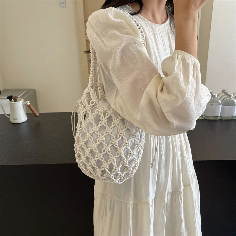 Ladies Summer Bucket Shoulder Bag Phone Purse Handmade Hollow Out Cotton Rope Crochet Bag Small Handbag For Women