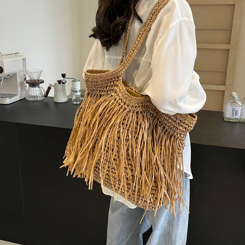 Casual Tassel Woven Women Shoulder Bags Handmade Fringe Lady Handbags Summer Beach Large Tote Bag Shopper Purse for Vacation