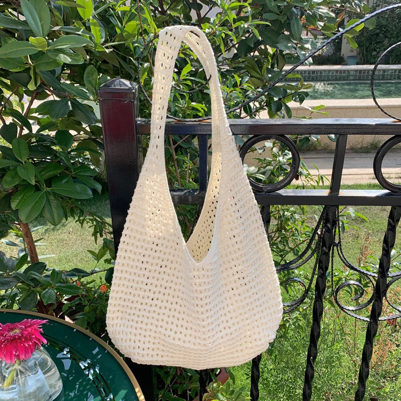 New Sweet Crochet Shoulder Bag Leisure Beach Hollow Out Handbag Women Solid Color Woven Totes Bag For Travel