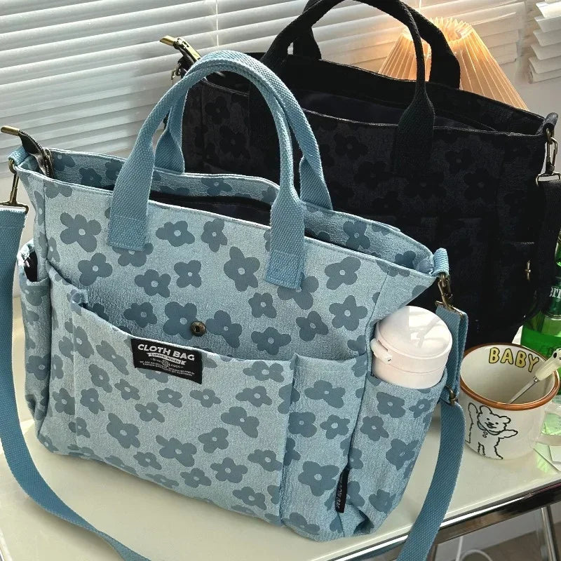 3D Floral Design Tote Bag, Thickened Zipper, Multifunctional Canvas Bag, Student Computer Handbag Shoulder Crossbody School Bag,
