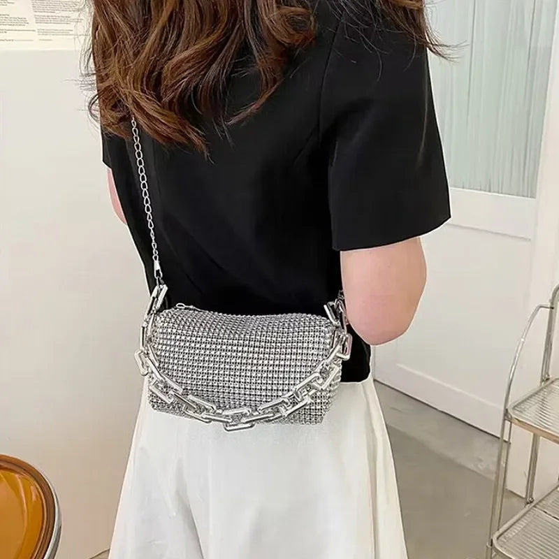 Full Version Rhinestone Bucket Tote Bag, Stylish Sparkling Chain Ball Pillow Shoulder Bag, Women's Mini Hand-Held Crossbody Bag