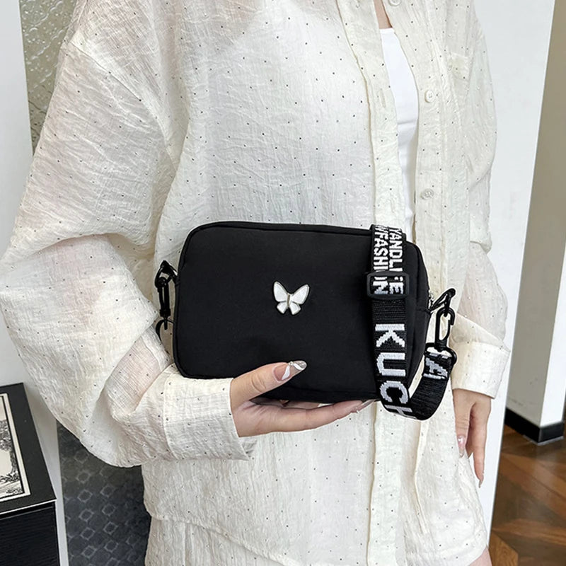 Black&white Shoulder Bag Durable Butterly Nylon Crossbody Bag Wide Belt Crossbody Bag Casual Small Sqaure Bag For Women