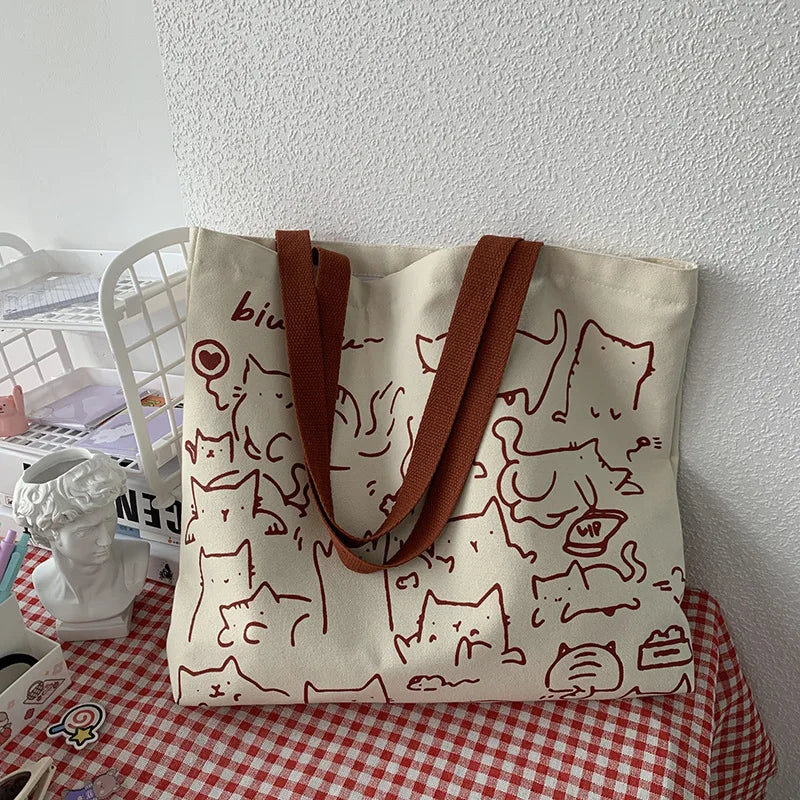 Art Design Cute Animals Printed Handbag Shoulder Bag, Literary Retro Canvas Tote Bags for Women Daily Use Work, Shopping School